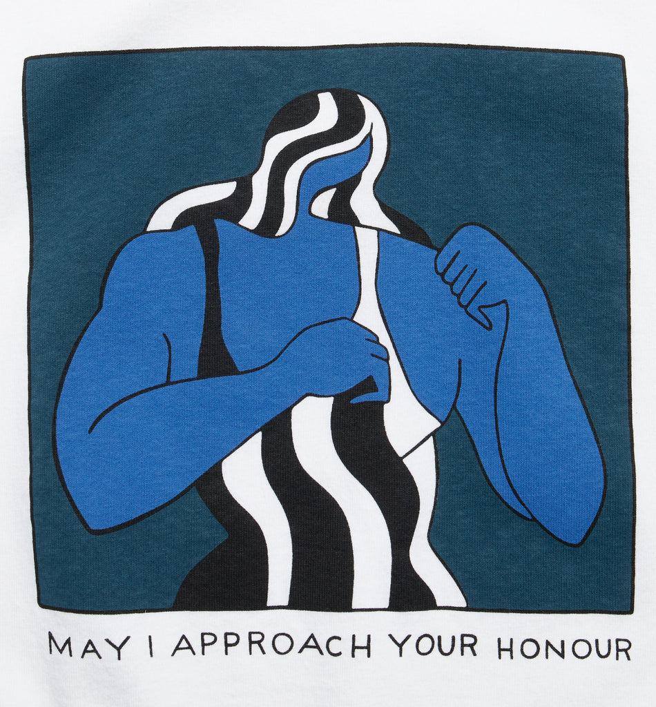 close up image of the print "may I approach your honour" print on the front of the Self Defense t-shirt by parra
