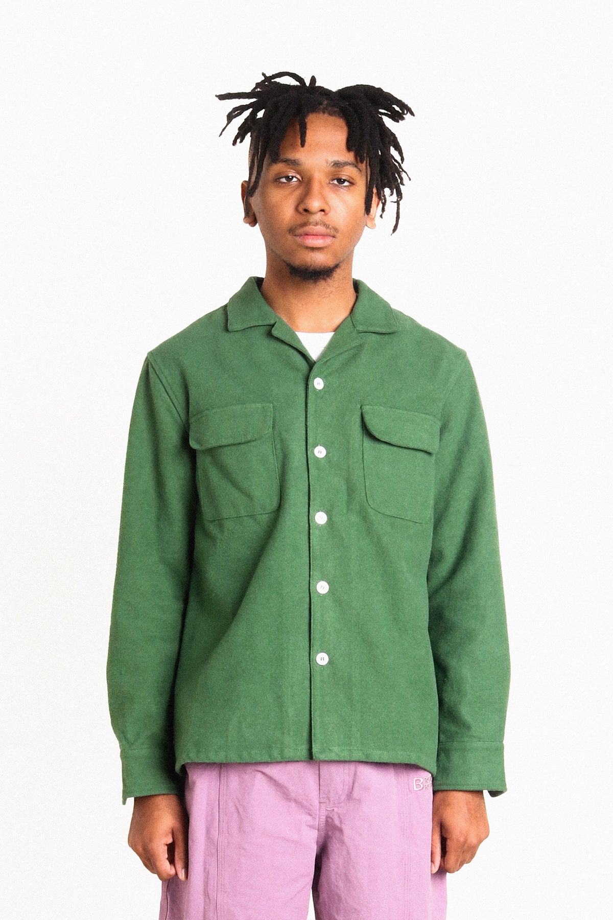 Brother Brother Forest Green Brushed Camp Collar Shirt