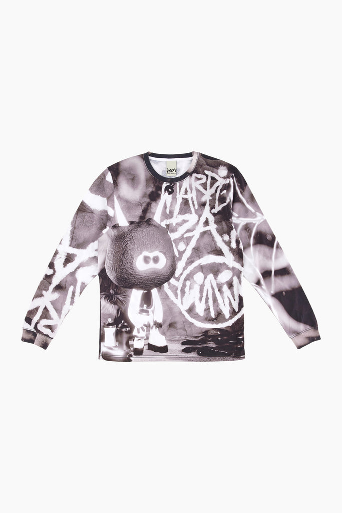 The front of a black and white all over prince long sleeve cotton t-shirt. the print is a character drawing depicting a rebel alien doing graffiti