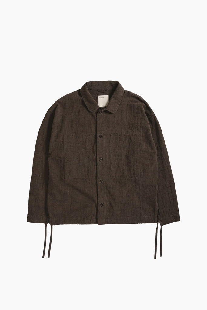 satta judo shirt in charcoal with exposed strings and chest workwear inspired pockets