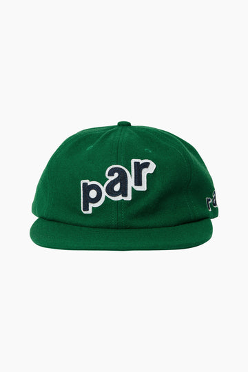 forest green 6 panel hat in a soft cotton tail with black lettering that has a white online saying p, a, r, on the front and r, a on the side to finish the "parra" 