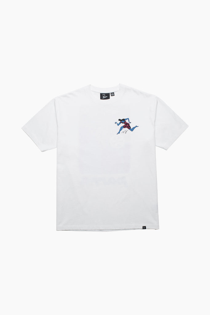 White t-shirt from By Parra featuring a graphic artwork on the left chest of a blue person in a red jump suit running 