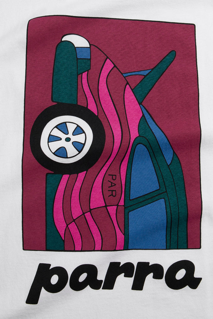 close up image of the back graphic of the t-shirt. The graphic is half a car vertically drawn in a frame with a wavy pattern and parra written underneath