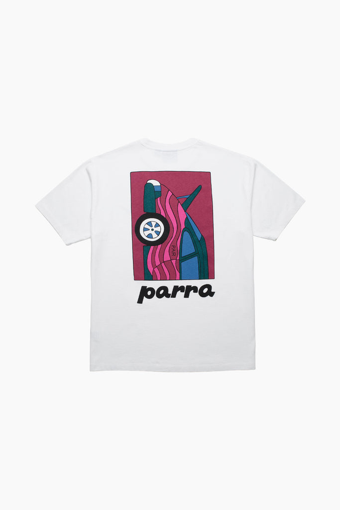 white t-shirt with a vertical car in a box drawing with a wavy pattern and Parra written underneath.