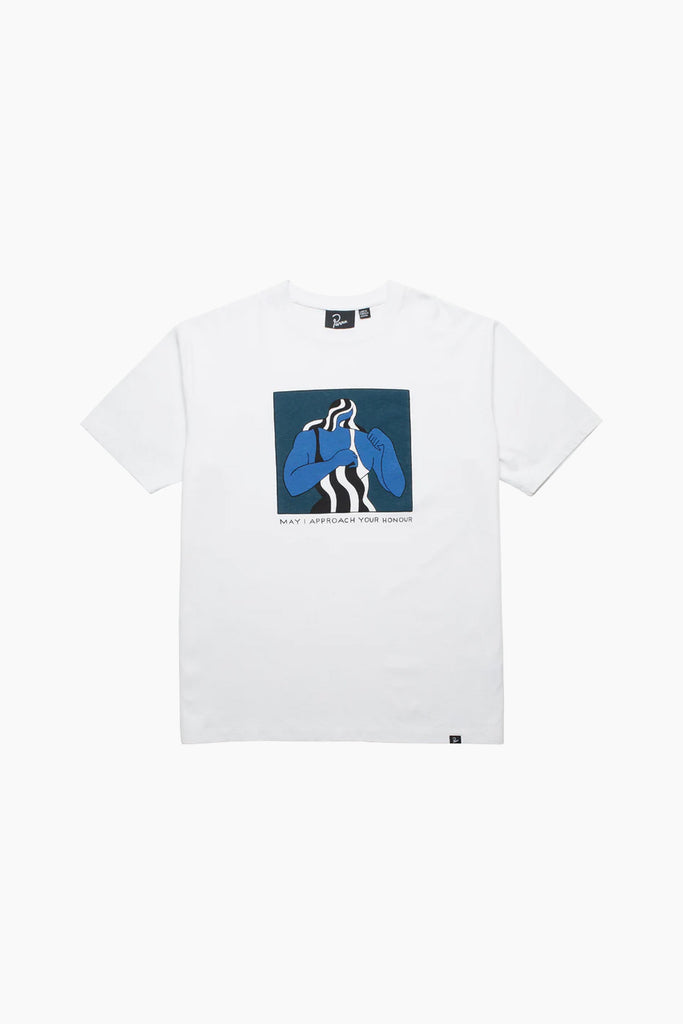 by parra t-shirt front image with a square blue, aqua, and black print of person with there hands up to defend themselves with the words "may I approach your honour" underneath the image