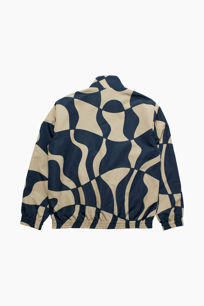 back image of the zoom winds track jacket from By Parra in a beige and navy distorted pattern 